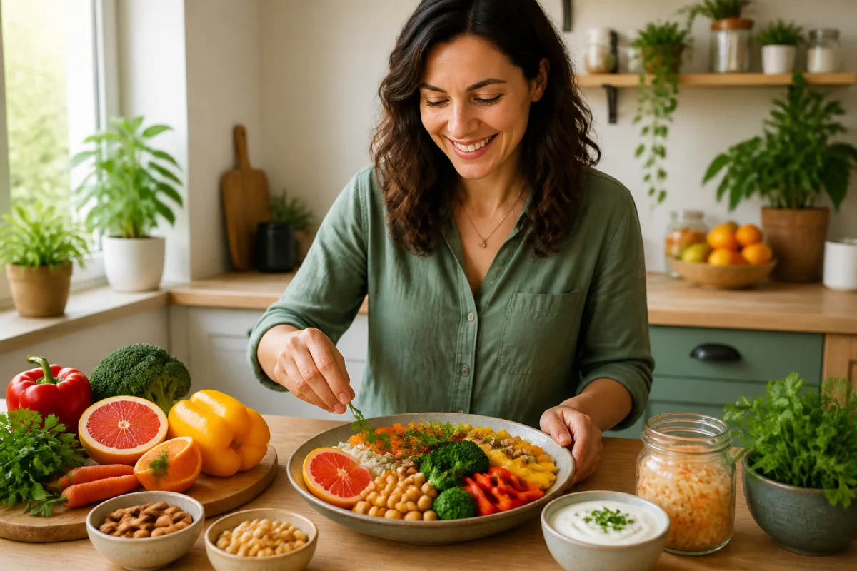 Personne préparant une assiette équilibrée de légumes, agrumes, légumineuses et aliments fermentés pour renforcer ses défenses immunitaires naturellement