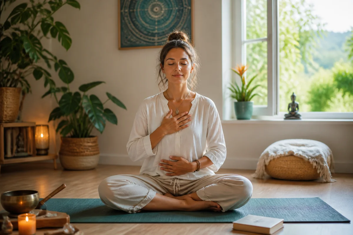 Personne pratiquant le tantra yoga assise en tailleur, mains sur le ventre et la poitrine, dans un espace serein