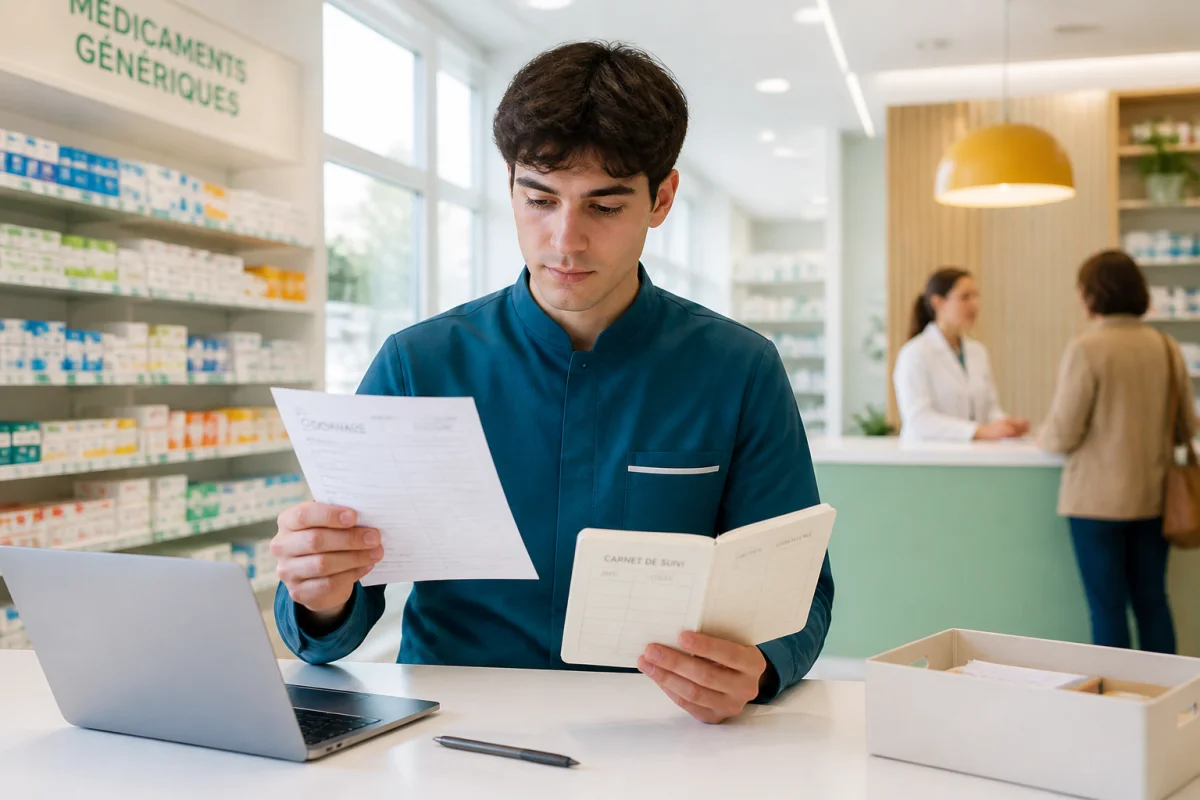 Alternant préparateur en pharmacie vérifiant une ordonnance et un carnet de suivi dans une pharmacie contemporaine lumineuse