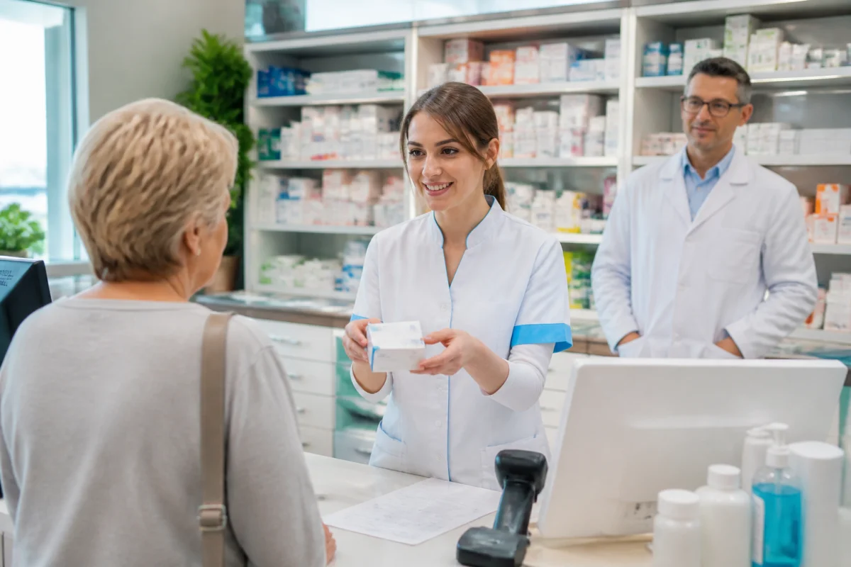 Devenir préparateur en pharmacie : préparatrice conseillant un patient sous la supervision d’un pharmacien en officine.