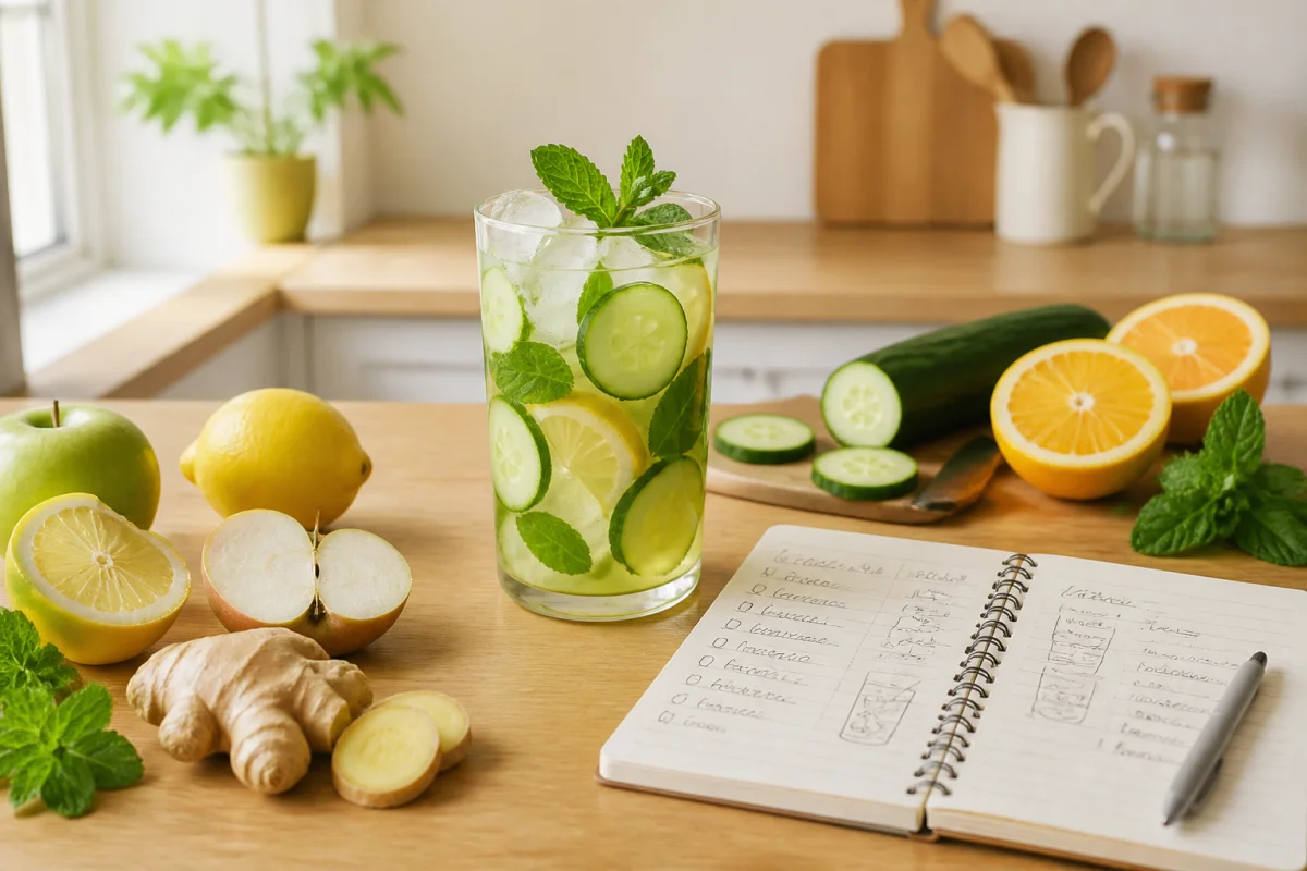 drink6detox boisson detox routine saine 116c 1 Drink6Detox avec boisson détox, carnet de suivi, citron, concombre, pomme, menthe, agrumes et gingembre frais