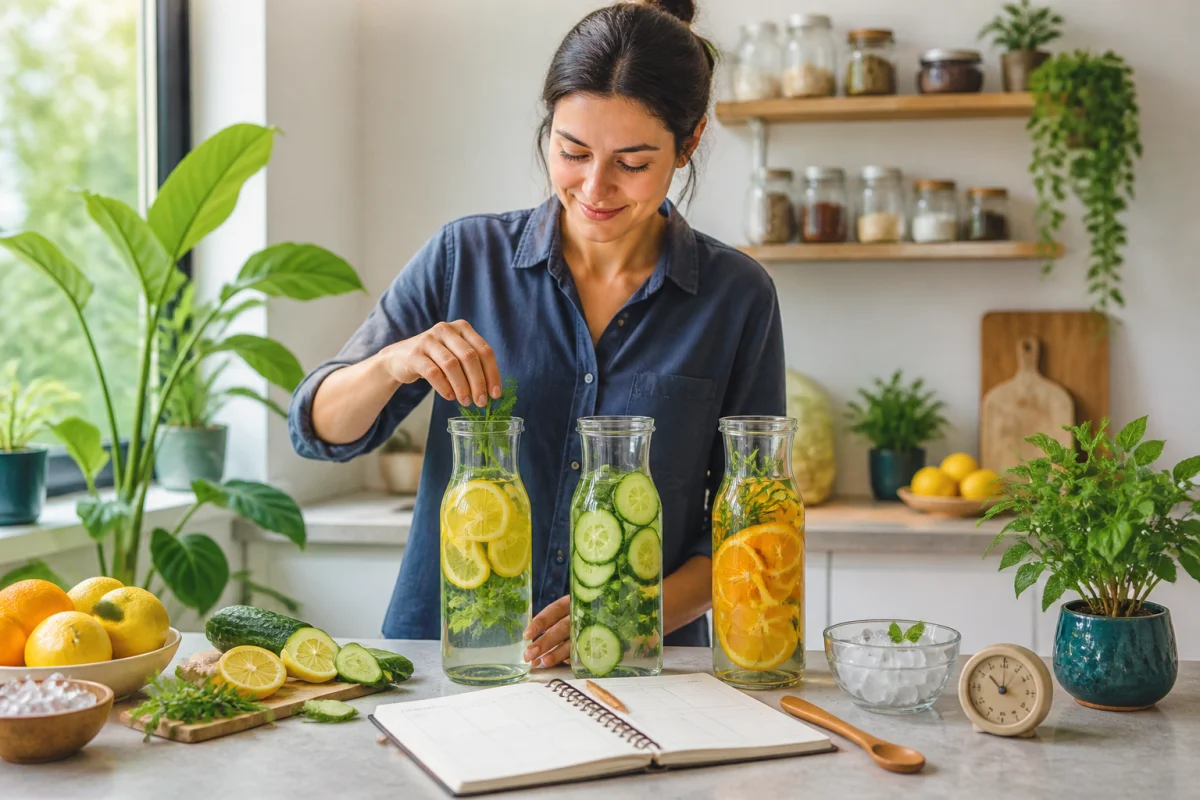 Drink6Detox : personne préparant trois boissons détox aux agrumes, concombre et herbes fraîches dans une cuisine lumineuse.