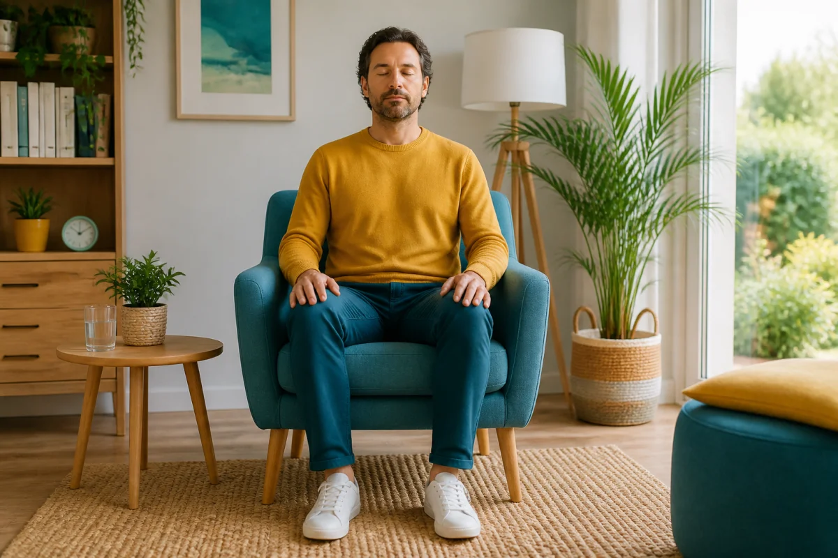 Gestion du stress au quotidien : adulte respirant calmement dans un intérieur lumineux et apaisant