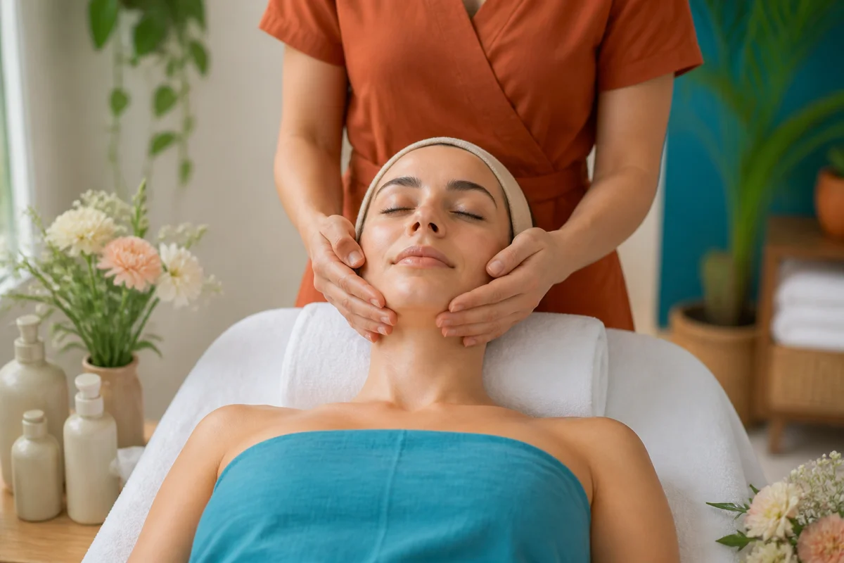 Massage FDL à Clermont-Ferrand, soin du visage relaxant réalisé sur une table de massage enveloppante