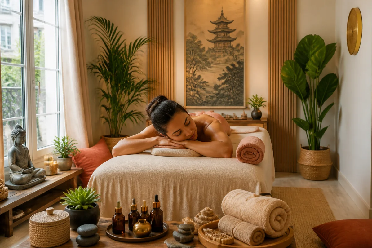 Espace de massage FDL chaleureux à Clermont-Ferrand, avec table de soin, huiles, serviettes et ambiance relaxante