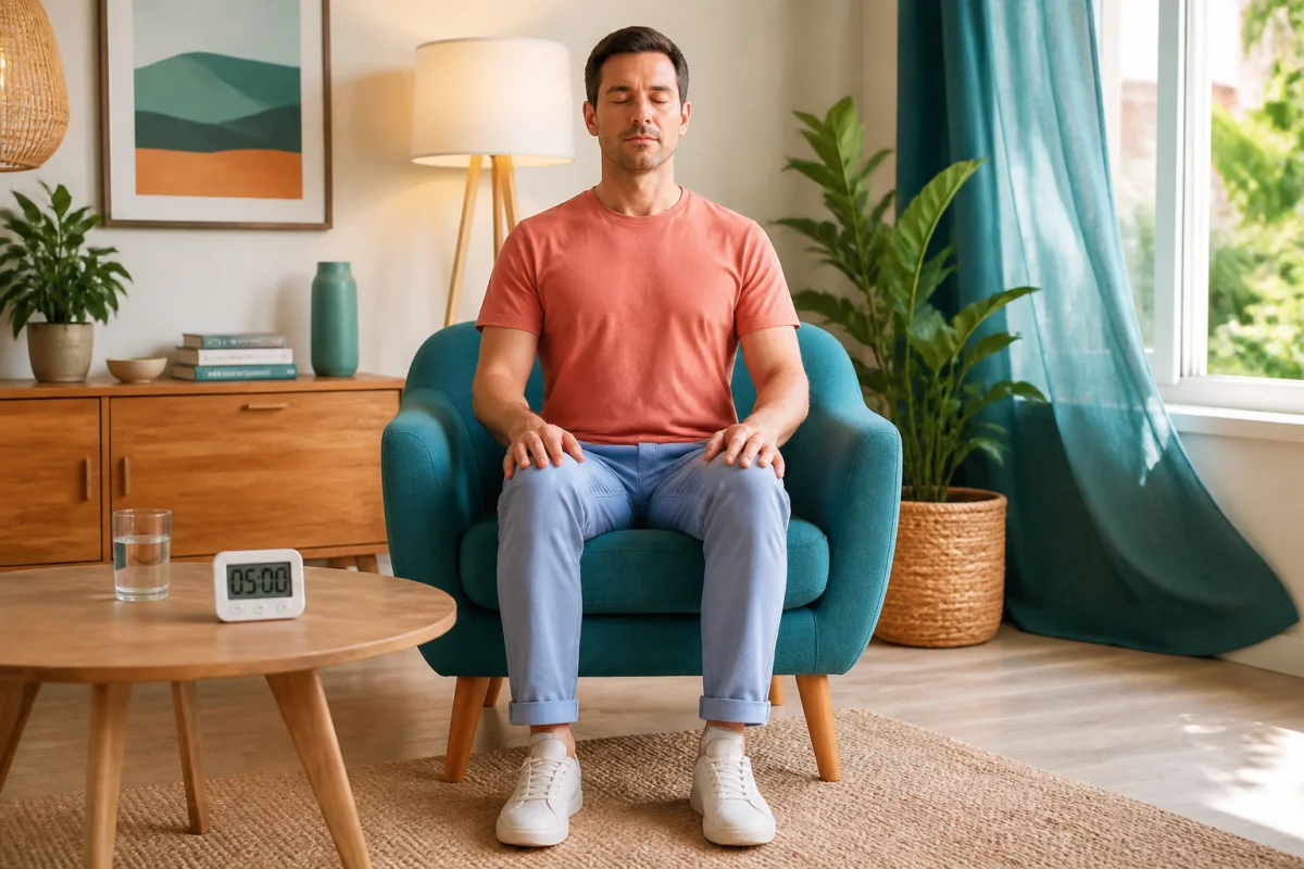 Adulte méditant dans un salon lumineux, posture sereine, pour pratiquer méditation et respiration afin de réduire le stress.