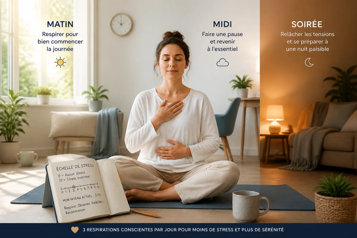 Personne méditant et pratiquant la respiration consciente pour réduire le stress, dans un intérieur lumineux et apaisant