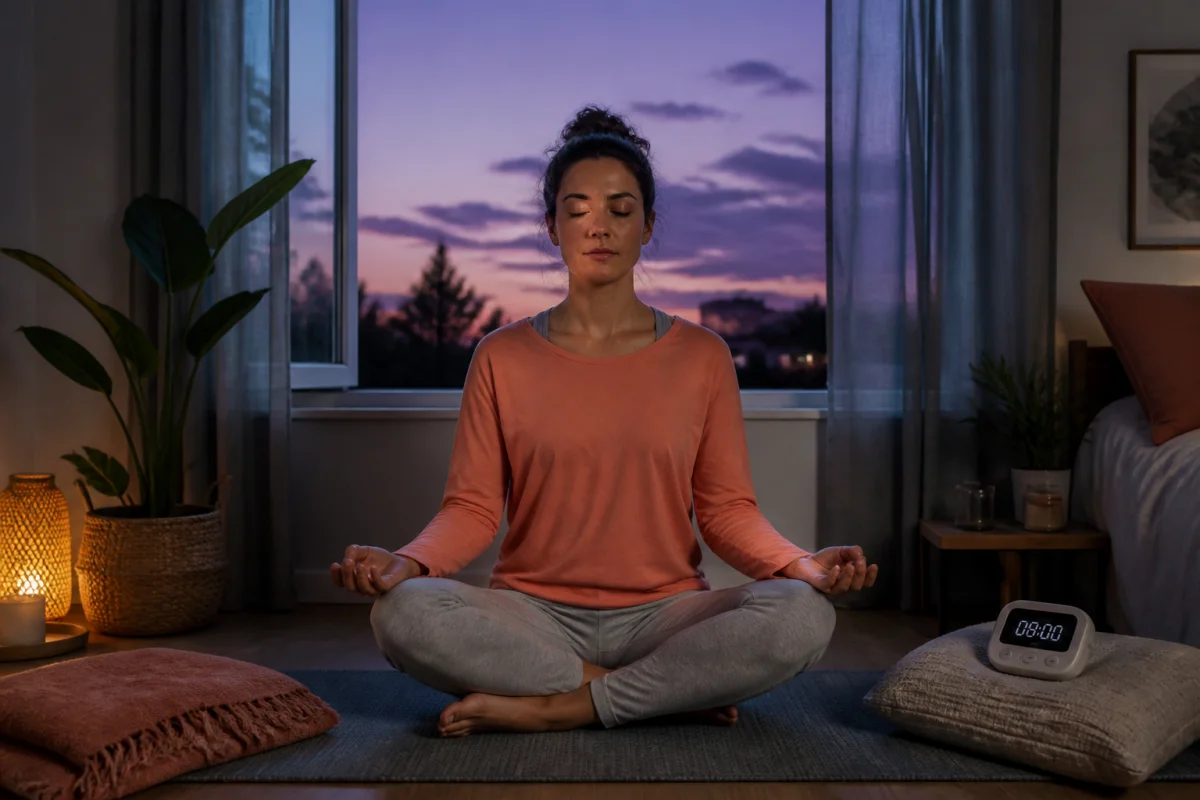 Méditation du soir pour mieux dormir, personne assise en tailleur dans une chambre apaisante au crépuscule