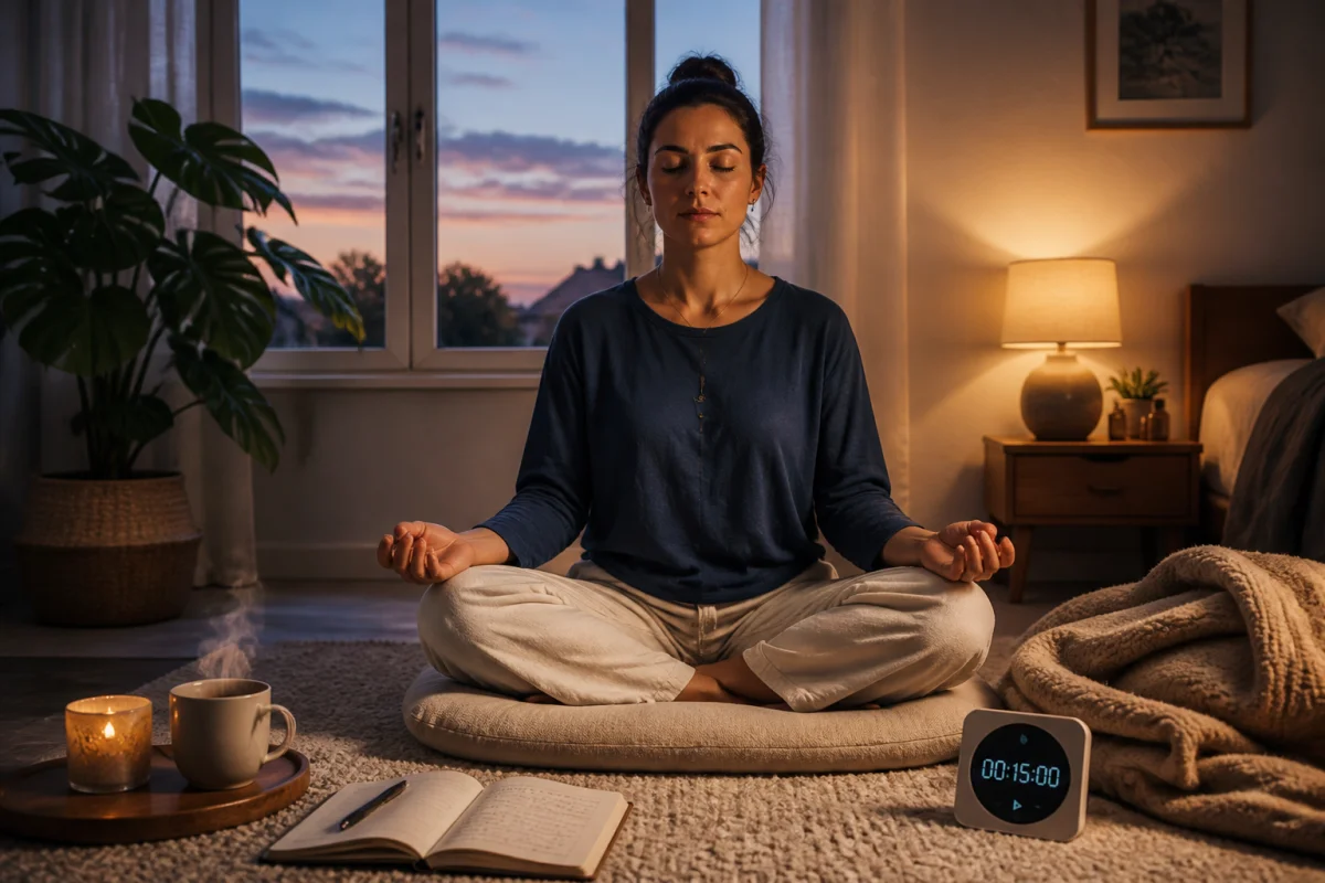 Méditation du soir pour mieux dormir, dans une chambre chaleureuse avec tasse fumante et lumière tamisée