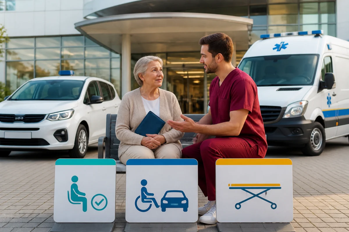 Patient âgé accompagné pour organiser un transport sanitaire entre transport assis, VSL et ambulance