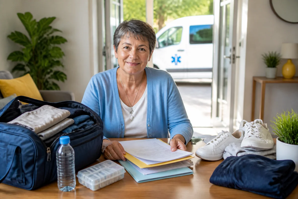 Personne préparant sereinement un transport sanitaire avec documents médicaux, traitements et sac organisé à domicile