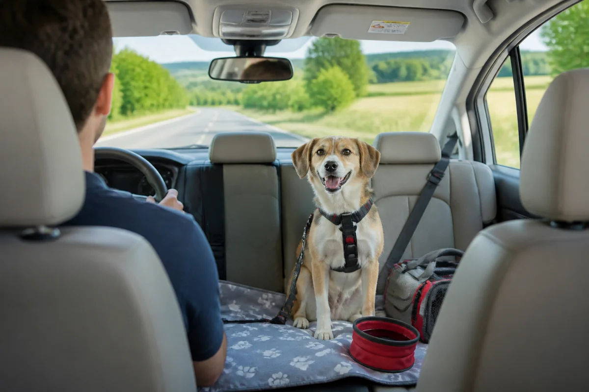Chien attaché à l’arrière d’une voiture familiale, prêt à partir en vacances avec son animal sereinement