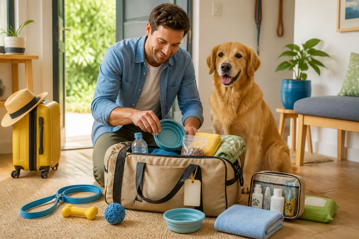 Propriétaire préparant un sac de voyage pour chien avec gamelle, laisse, eau, jouets et trousse de soins.
