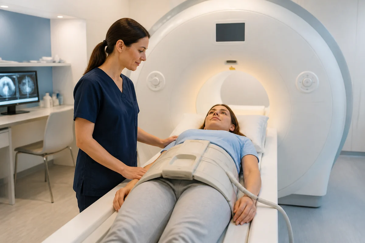 Préparer une IRM pelvienne avec une patiente sereine accompagnée par un professionnel en salle d’imagerie médicale