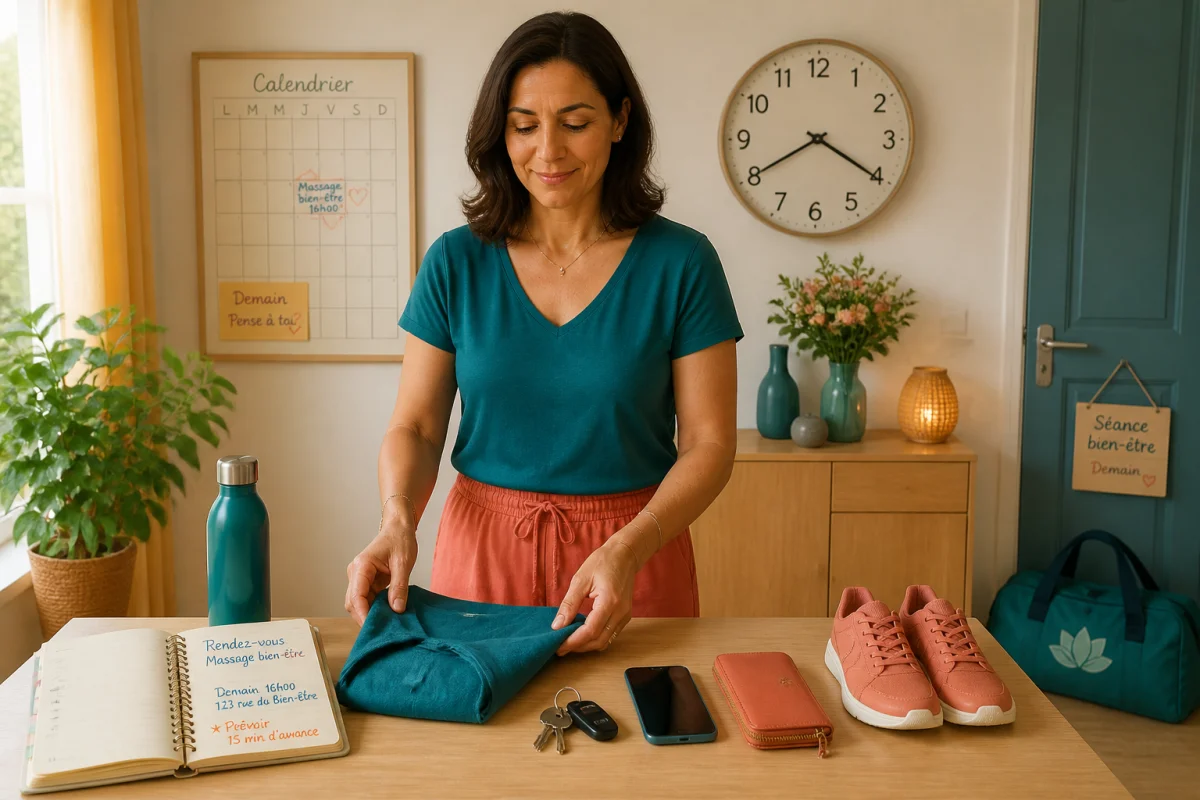 Préparer une séance bien-être sans stress : personne organisant tenue, clés, téléphone et portefeuille avant un rendez-vous.