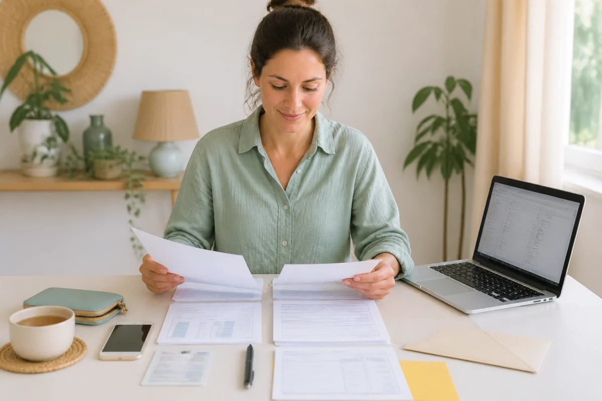 Préparer une séance bien-être sans stress : personne organisant documents, réservation, résultats récents et objets essentiels sur une table lumineuse.