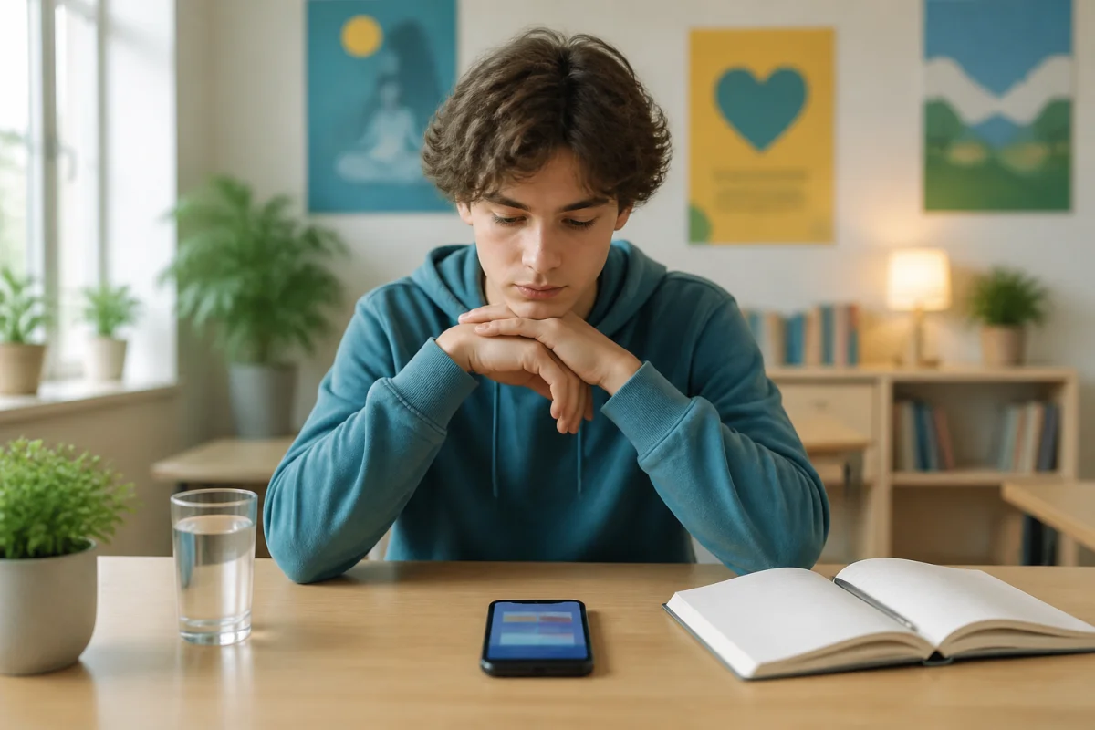 Jeune réfléchissant à ses habitudes numériques, téléphone devant lui, dans un espace lumineux dédié à la prévention des dépendances.