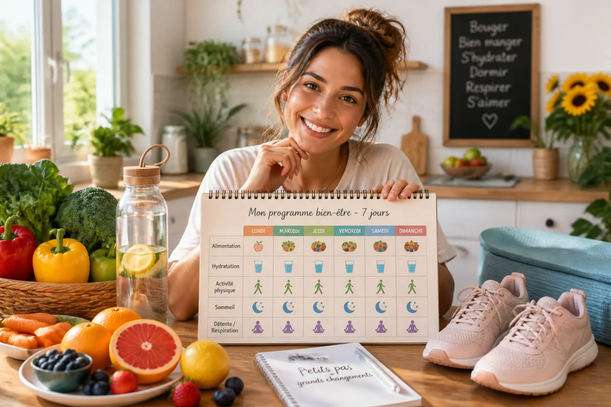 Programme bien-être de sept jours pour renforcer ses défenses immunitaires naturellement, avec aliments frais et carnet hebdomadaire
