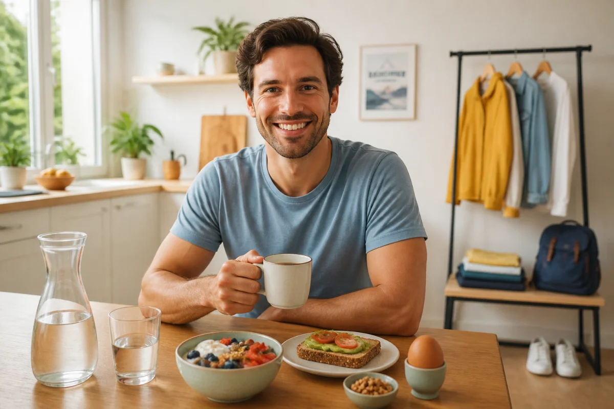 Réveil énergique en douceur : personne souriante dégustant un petit-déjeuner équilibré dans une cuisine lumineuse et organisée