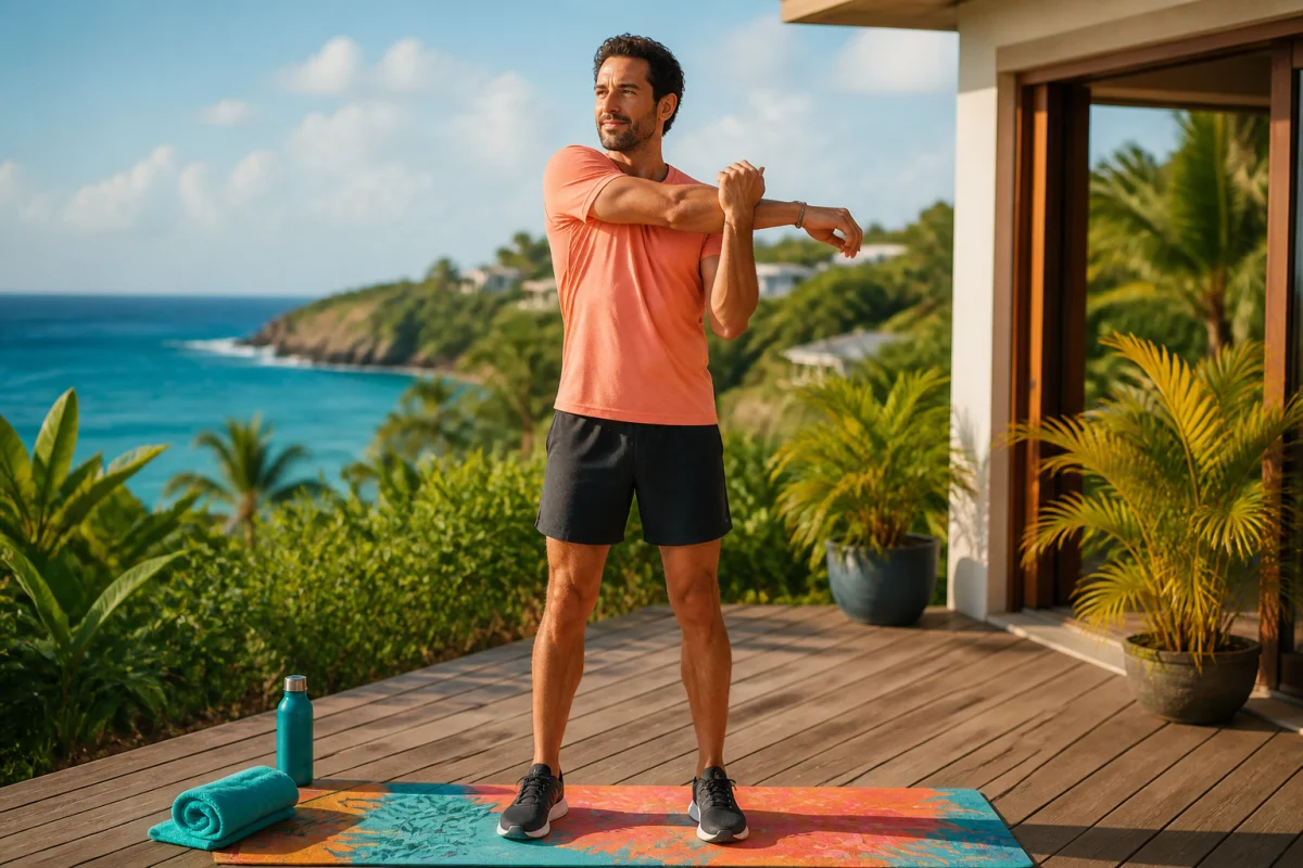 Routine bien-être en vacances avec étirements matinaux sur une terrasse côtière entourée de végétation tropicale