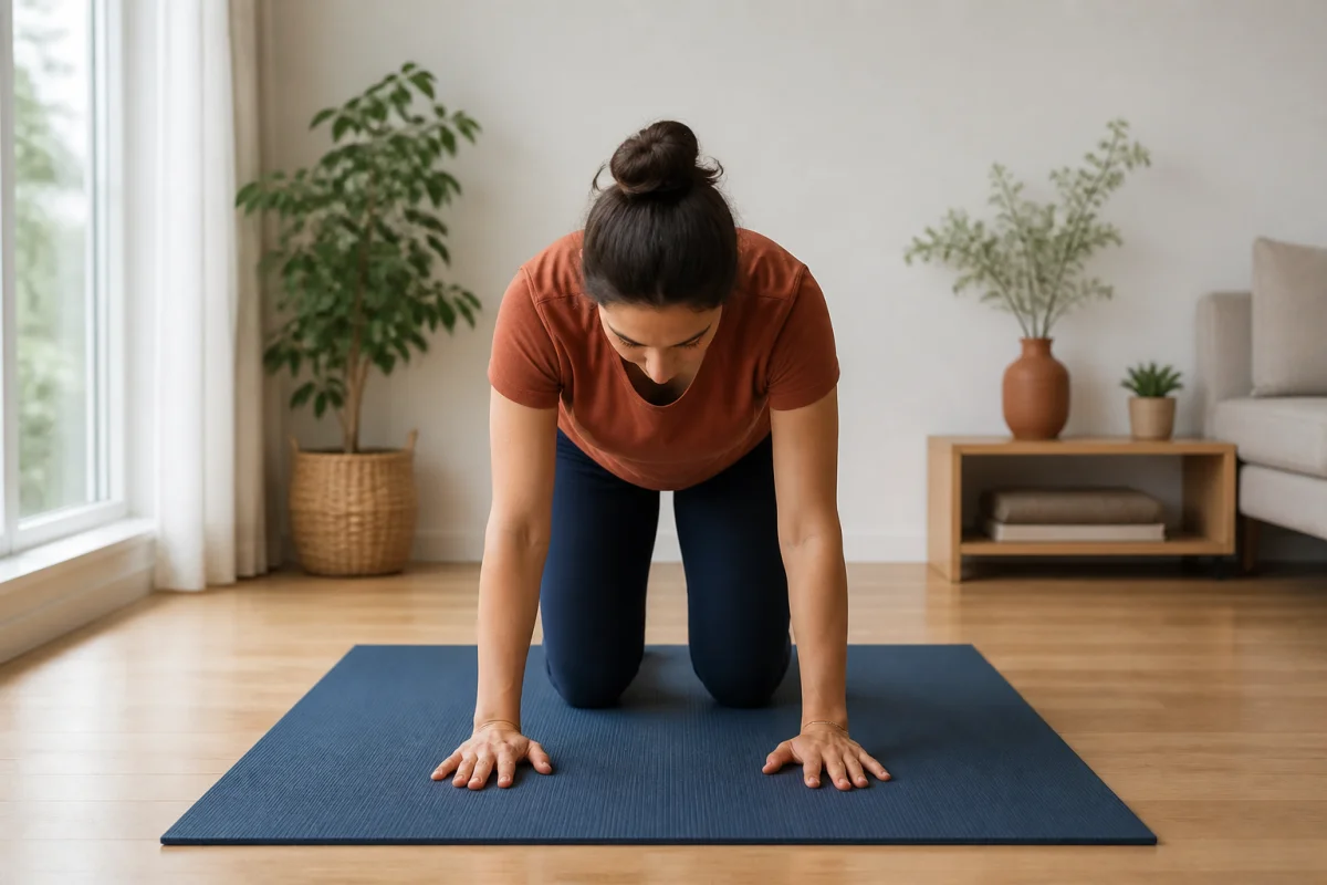 Exercice doux à quatre appuis pour soulager les douleurs lombaires sur tapis bleu, dos légèrement arrondi et posture alignée