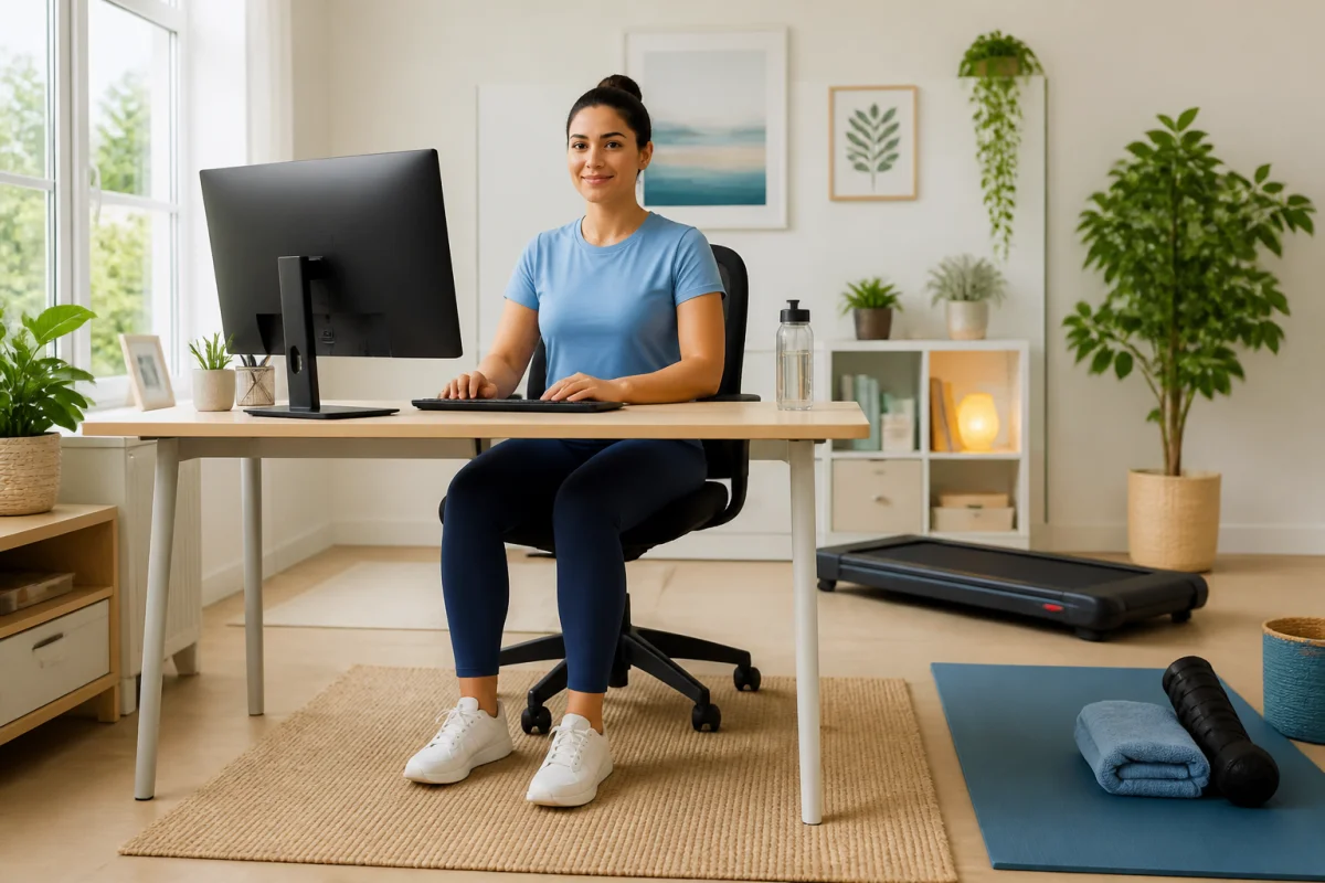 Adulte alternant posture ergonomique et étirements au bureau pour soulager les tensions musculaires naturellement au quotidien